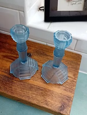 Buy Vintage Art Deco Pair Of Frosted Blue Glass Candle Stick Holders • 40£