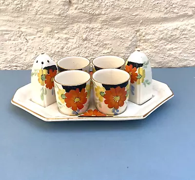 Buy Vintage Art Deco Painted Flowers Kensington Ware Pottery Egg Cup Cruet Tray Set • 20£