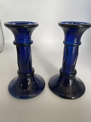 Buy Pair Of Vintage Crafted Cobalt Blue Glass Candlesticks • 18£