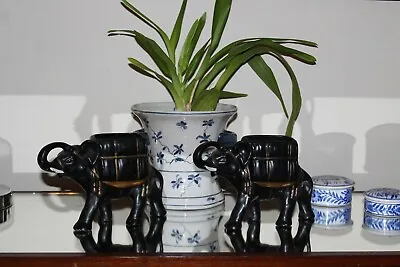 Buy Antique Art Deco Pair Elephants Plant Pot Figure Statue Ornament Vintage Black • 95£