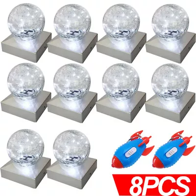 Buy 8 Solar Deck Cap Post Lights Outdoor Garden Crackle Glass Ball Lights Cool White • 42.99£