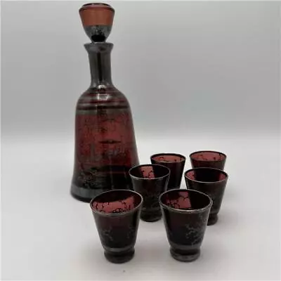 Buy Vintage Amethyst Glass With Silver Overlay Decanter And 6 Glasses  • 10£