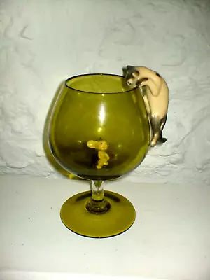 Buy 1960s  Swedish   Green  Oversized Brandy Glass Snifter With Cat + Mouse • 28£