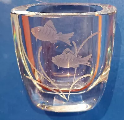 Buy Strombergshyttan Swedish Glass Etched Fish Vase Signed  • 20£