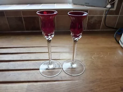 Buy A Pair Of Victorian Cranberry Glass Candlesticks With Twisted Stems. • 2.50£