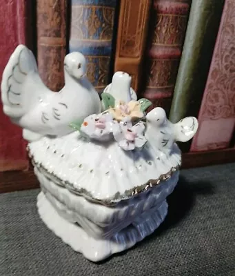 Buy Vintage Heart Shaped Embossed Pottery Trinket Box Raised Flowers & Doves On Lid • 23£