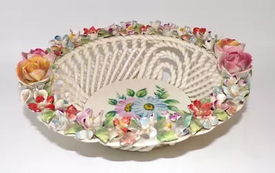 Buy Large Vintage Continental Porcelain Basket Weave Bowl Applied Flowers Dresden • 22£