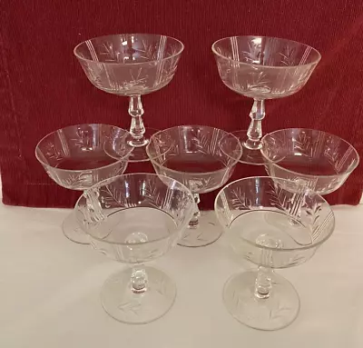 Buy Antique Set Of 7 Crystal Footed Champagne Glasses 4.25  6 Panel Floral Sprigs • 130.46£