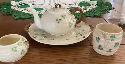 Buy Antique Belleek Shamrock Tea Pot 3rd Black Mark 1926-1946 • 79.21£