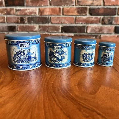 Buy Vintage Wolverine USA Metal Child's Tea Set, Dutch Delft Blue Canister Set Of 4 • 8.97£