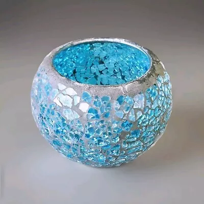 Buy Mosaic Crackled Glass Candle Holder Turquoise Blue Round Glass Tea Light Holder  • 4.99£