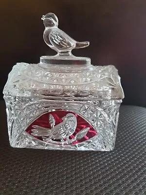 Buy Glass Trinket Pot Bird Design Clear And Cranberry Colour • 4.50£
