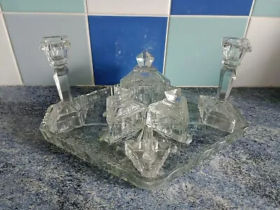 Buy Vintage 1930s Clear Cut Glass 7 Piece Vanity / Dressing Table Set Candlesticks • 35£