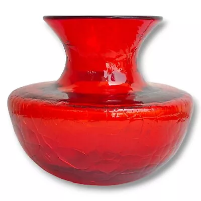 Buy Vintage Blenko Glass 6614 Joel Myers Red Crackle Spittoon Vase MCM 1960s • 93.18£