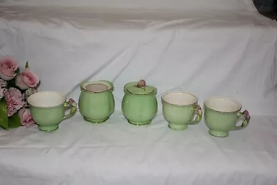 Buy 111398* Pretty Royal Winton Green Tea Cups X 3 & 2 ? Jam Pots C1934-50 • 13£
