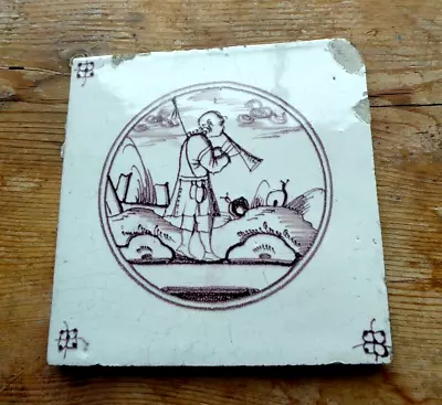 Buy Antique Dutch Manganese Delft Tile Shepherd And Sheep • 39.99£