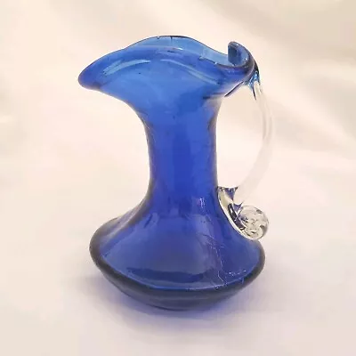 Buy Crackle Art Glass Pitcher Creamer Cobalt Blue 4¼”t X 3”with Ruffled Edge Vintage • 23.16£
