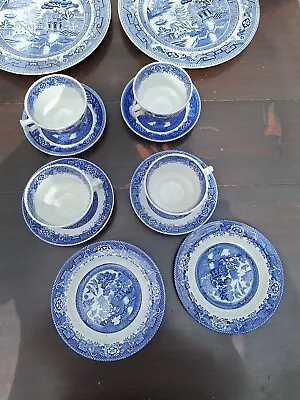 Buy Woods Ware Willow Pattern Set Vintage Blue White 4xcups 4xsaucers 7x Plates Tams • 29.50£