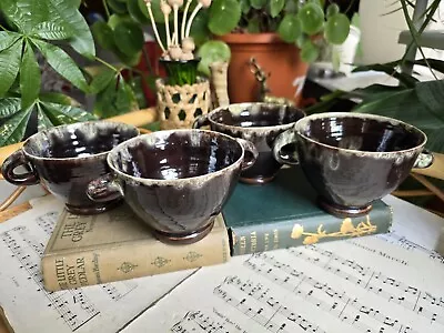 Buy Vintage MCM 60s Accolay French Pottery 4 X Handled Bowls/mugs Brown Drip Glaze • 39.99£