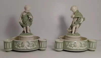 Buy Antique Pair Minton Celadon-Glazed Porcelain Cherub Candle Holders 1875 England • 443.60£
