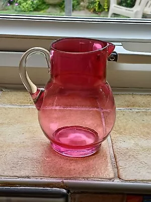 Buy Antique 8  Cranberry Glass Jug Demure, Clear Glass Handle. • 18.50£