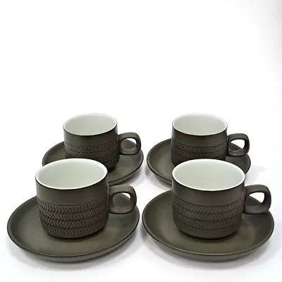 Buy Vintage Denby Pottery Chevron Green Cups & Saucers X4 • 12.99£