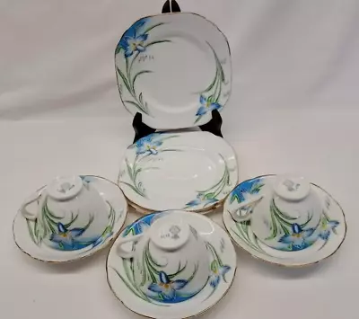 Buy Vintage 9 Piece Diamond Bone China Tea Set With Blue Iris Floral Design • 12£