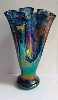 Buy Vintage Iridescent Blue Heron Glass Ruffled Rim Vase • 39.99£