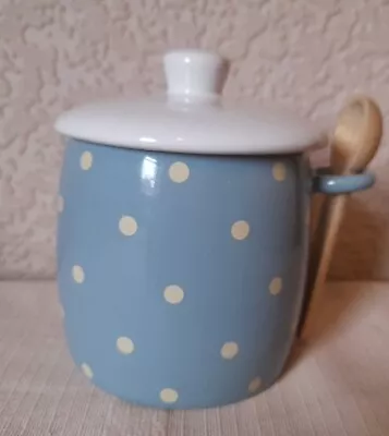 Buy Marks & Spencer Covered China Jam Pot Jar & Wooden Spoon Blue Polka Dot • 10£