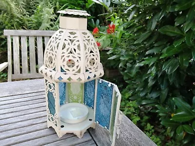 Buy Lovely Cream Pierced Metal & Blue / Green Glass Lantern Candle Tealight Holder • 10£