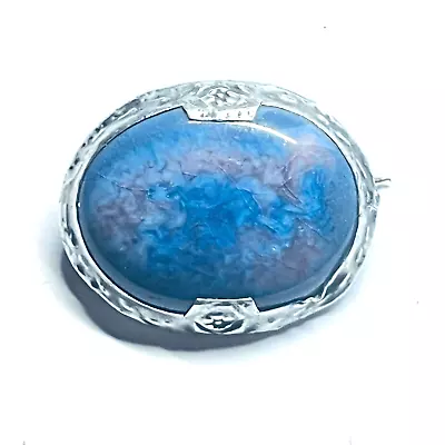 Buy Vintage Ruskin Style Blue And Pink Ceramic Brooch With Embossed Silver Surround • 35£