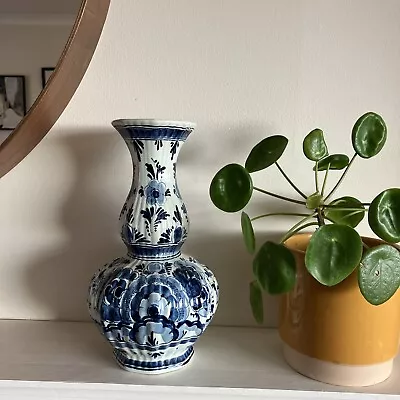 Buy Vintage Hand Painted Delft Vase 27cm Tall Beautiful Floral Design - Signed • 25£