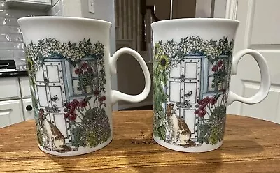 Buy Set Of 2 Vintage Dunoon Scotland Mugs Charming Garden With Cat & Dog Cottagecore • 26.05£