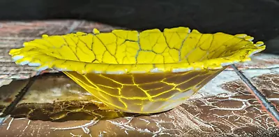 Buy Vintage 20th Century Yellow Crackle Textured Fused Art Glass Bowl 18.5 Cm • 28£