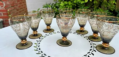 Buy Vintage Bohemia Crystal Czech Wine Glasses Gold Etched & Rimmed 5” Tall SET OF 8 • 44.73£