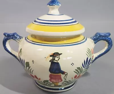 Buy Vintage Henriot Quimper France Sugar Bowl Breton Man Yellow Blue Stripe 643 • 41.94£