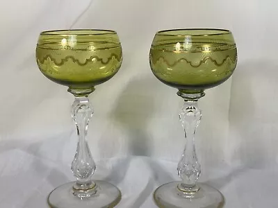 Buy (2) Antique French St Louis Crystal Chartreuse & Gold 6.75 Inch WINE GLASSES • 144.45£
