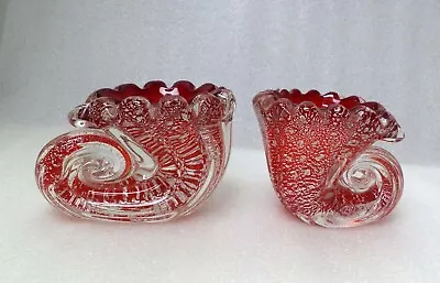 Buy Two  Murano  Barovier & Toso  Red  Cornucopia  Art  Glass  Bowls  Vases • 55£