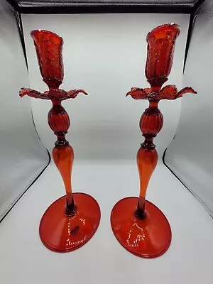 Buy Set Of 2 Salviati?? Venetian/Murano Ruby Glass Candlesticks W/  Leaf  Bobeches • 326.18£