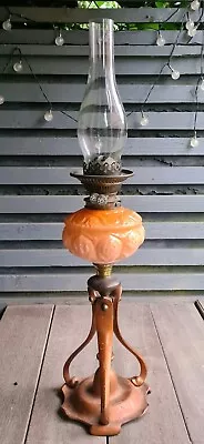Buy Original Victorian Orange Moulded Glass Glass Duplex Cast Iron Base Oil Lamp • 245£