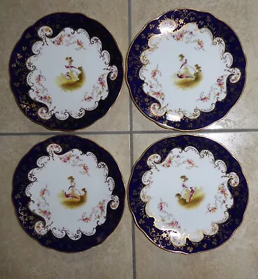 Buy 4 Coalport Cabinet Dessert Plates Cobalt Blue & Gold Exotic Birds Circa 1910 • 19.99£