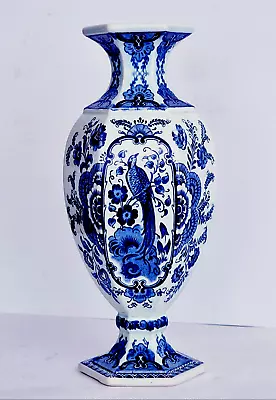 Buy DELFT BLUE & WHITE VASE PEACOCK DECOR EXCELLENT By BOCH ROYAL SPHINX HOLLAND • 102.51£