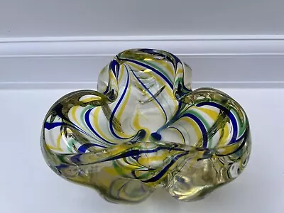 Buy Vintage 1970s Romanian 7cm Blue & Yellow Glass Trinket Bowl • 29£
