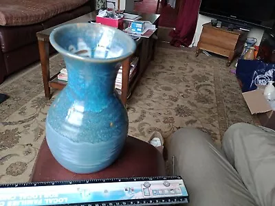 Buy Canterbury  Pottery Vintage Vase Beautiful Blue Glaze. 21cm Tall, 10cm Rim Dia. • 16£