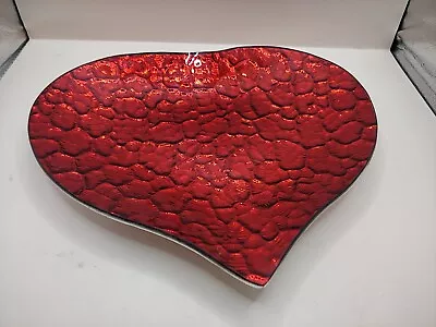 Buy Heart Shaped Red Glass Dish Crackle Effect  27x24x2.5cm • 12.99£