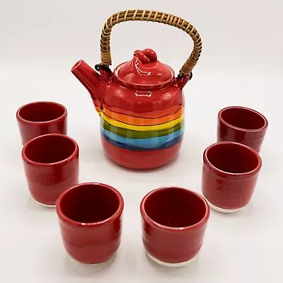 Buy Rainbow Teapot & Cup Set Hand Thrown Pottery Rainbow Skies Vtg 7 Piece Pride • 83.84£