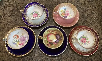 Buy Lot Of 5 Vintage Aynsley Bone China Cup & Saucer Collection Fruit Pink Roses • 93.18£