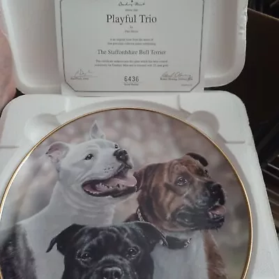 Buy Staffordshire Bull Terrier Plate Playful Trio By Danbury Mint 20cm Diameter • 10.34£