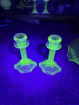 Buy Art Deco Style Uranium Glass Candlestick Candle Holder X2 Good Condition Green • 30£