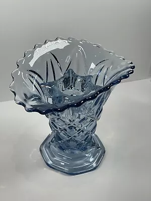 Buy Blue Diamond Cut Glass Heavy Fluted Shape Vase 22cm With Central Glass Rose • 28.99£